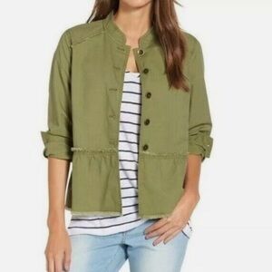 Caslon Utility Green Twill Fringe Trim Button Down Military Jacket Women’s Large
